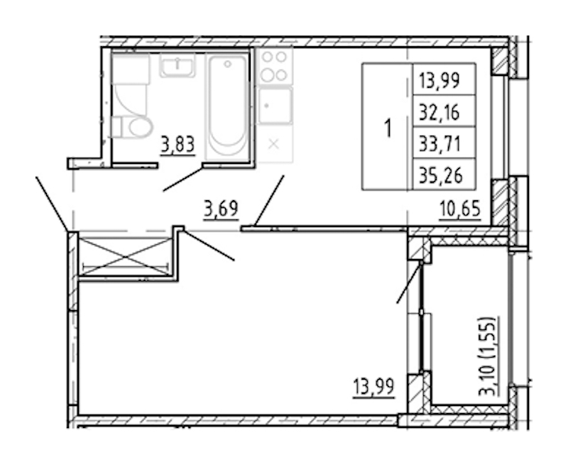 1-комнатная квартира 32.16 м², 2/12 эт., ЖК «Полис Новоселье»